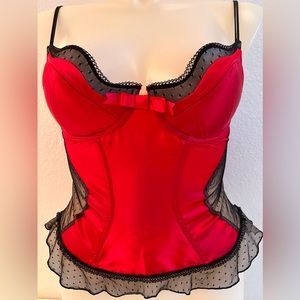 Jezebel Bustier 36C Scarlet Red and Black Lace Satin Doll